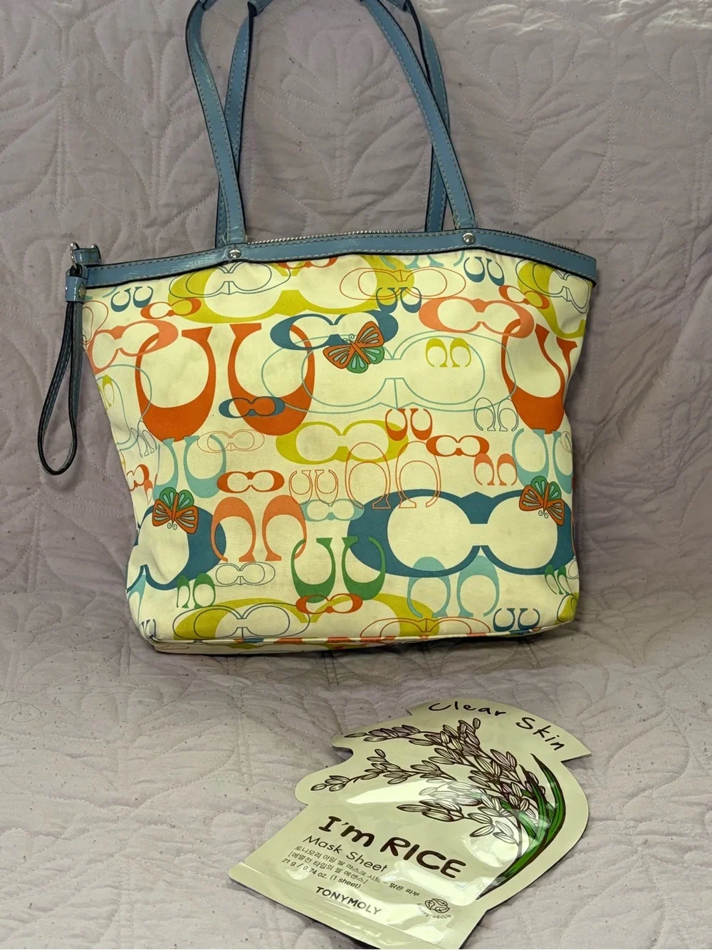 Multicolor Patterned Tote Bag with Blue Trim